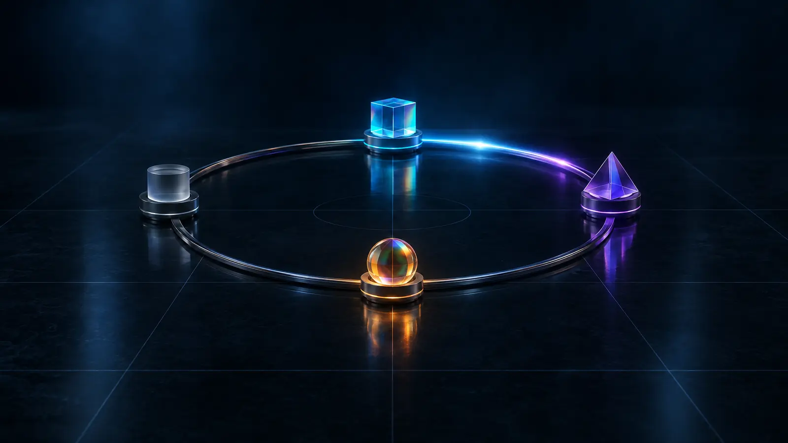 A ring of light with four glass stations; a pulse lights three of them in cyan, violet and amber while the fourth waits.