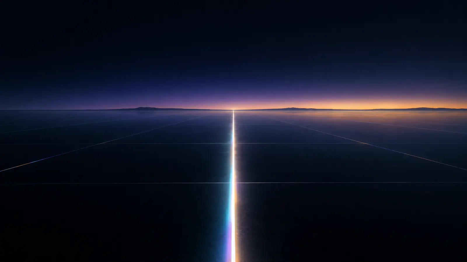 A single straight path of white light running across a dark plain toward a faint violet and amber horizon.
