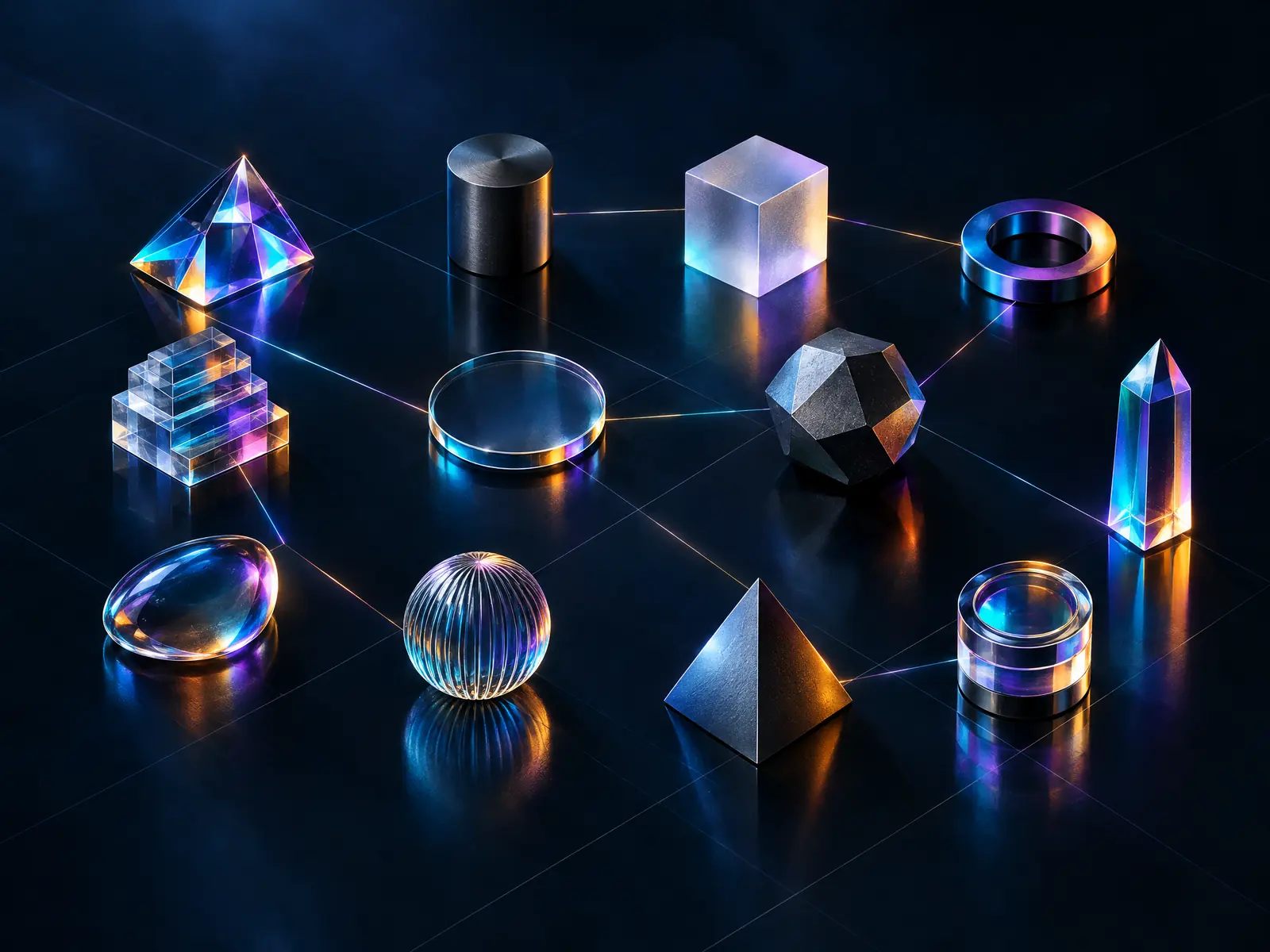 Twelve distinct glass and metal objects arranged as a constellation on a dark plane, a few joined by fine lines of light.